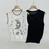 Summer Fashion Hollow Out Sweater Vest Sleeveless Moon Embroidery Knitted Top Women O-Neck Slim Black White Vest B-059