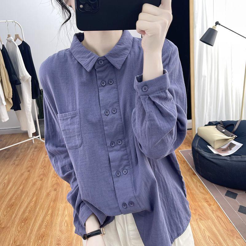 Spring Autumn Polo Collar Top Loose Design Shirt Double-breasted Cotton and Linen Long-sleeved Shirt for Women