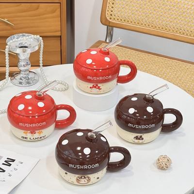 Cute Mushroom Ceramic Straw Cup, High-value Souvenir, Mug for Girlfriends, Couples, Water Cup with Lid
