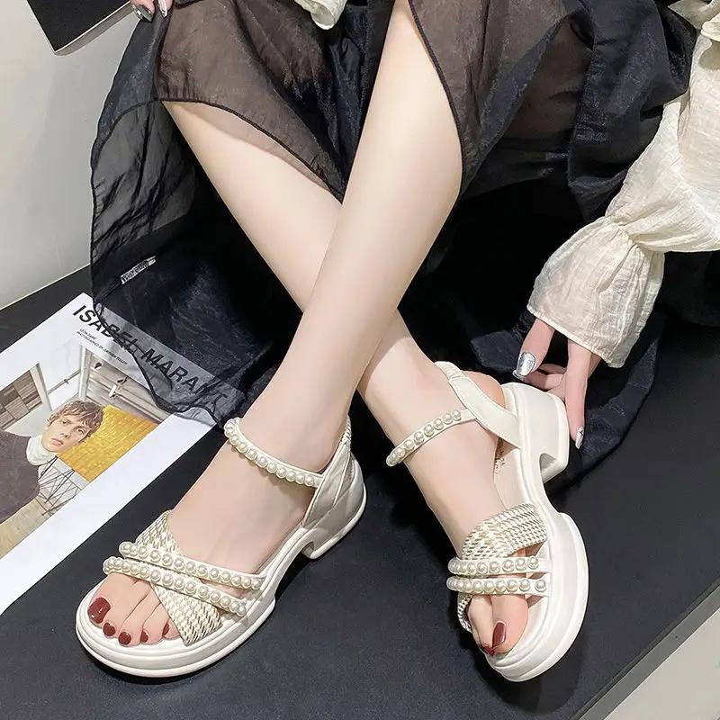 Ladies Shoes Pearl Platform Roman Style Women's Sandals Vintage Comfort Low Price Luxury Summer