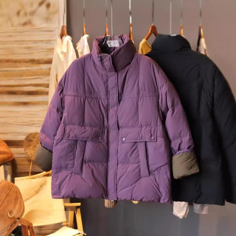 Womens Mid-Length Down Coat With Contrast Color Panel Stand Collar Loose Fit White Duck Fill Winter 2025