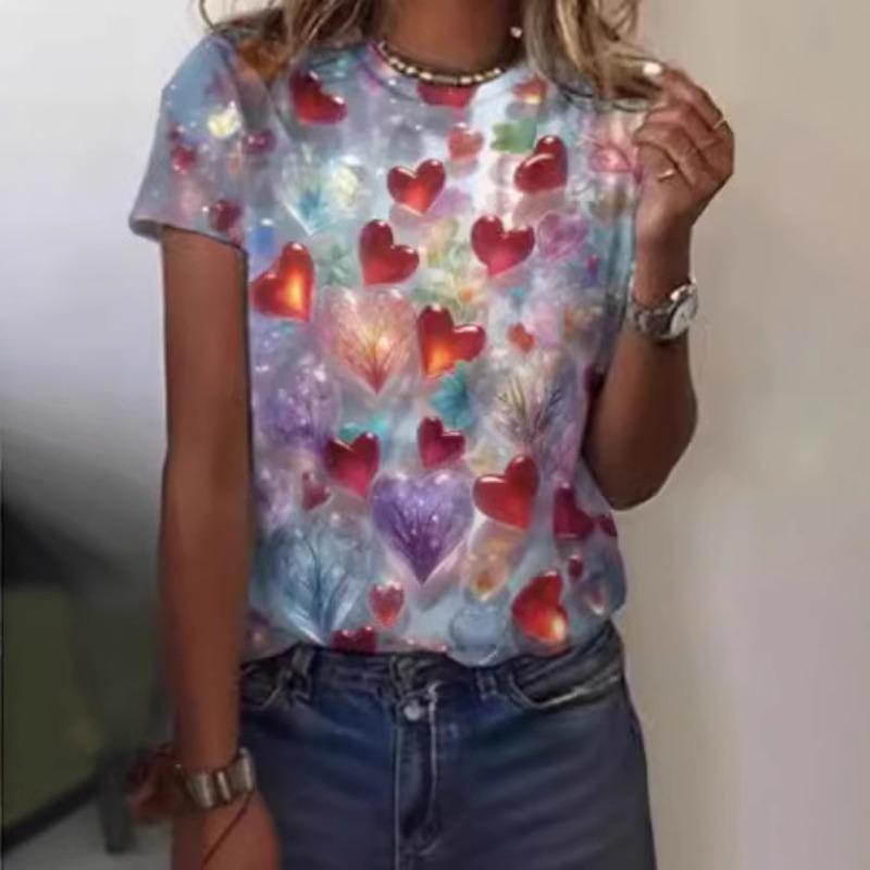 Summer New Women's Loose Shirt, Water Drop Pattern Printing Round Neck Short Sleeves