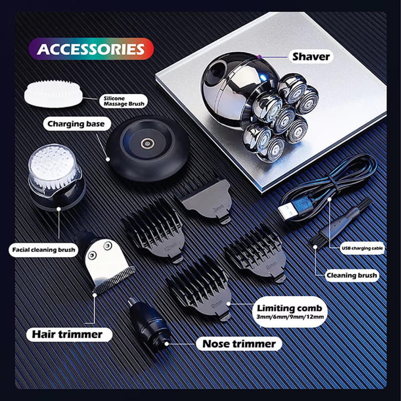 VGR V-315 5-in-1 Multi-function IPX5 Ball Shaver with Digital Display Base Rechargeable Shaving Head Beard and Nose Hair Trimmer Multi-head Haircut