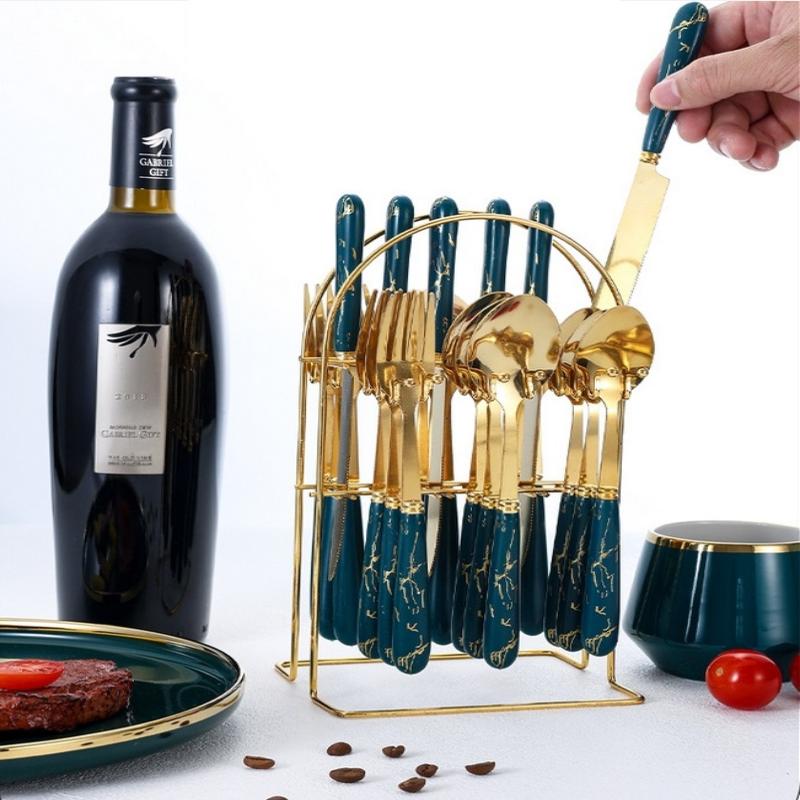 24 Pcs Stainless Steel Cutlery Dark Green Handle Knife Fork Spoon Set Cutlery Set Travel Cutlery Set Flatware Set