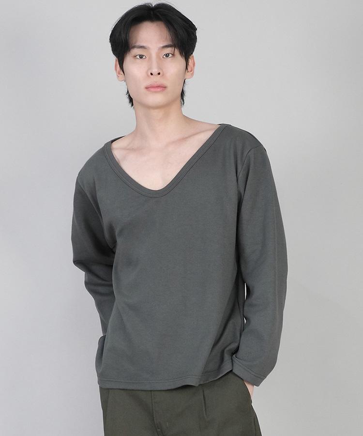 Seinteukeulu Plain Big V-Neck Long Sleeve Tee Bigv-879 Slate Gray