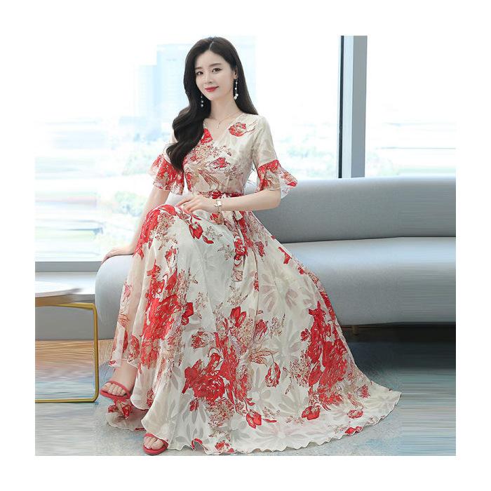 Summer Short Sleeve Printed Women s Skirt Elegant Temperament Long Skirt Waist Skinny Temperament Muse Fan Short Sleeve Fairy Skirt Trend M