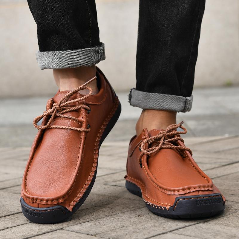 Fashion New Fashionable Leather Men's Casual Shoe  Solid-Color Comfortable Driving Shoe  Breathable And Anti-Slip Lace -Up Driving Shoes