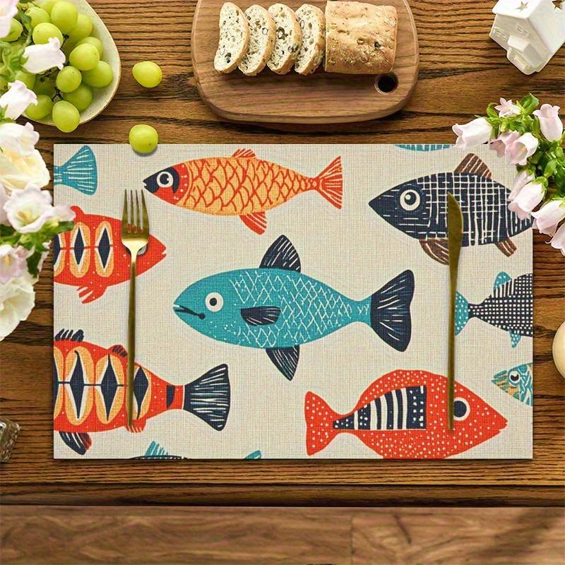 4pcs Linen Placemats Set, Colorful Fish Design Tablecloth 12x18 Inches, Perfect for Kitchen & Dining Room Decor, Family Gatherings, Parties, and Home