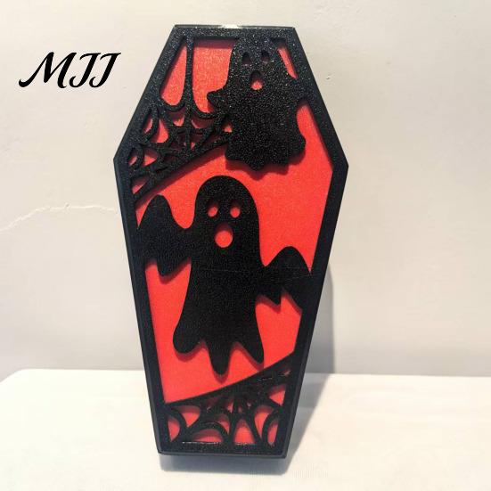 Solid Wood Halloween Craft Casket Decor, DIY Bat Ghost Ornament with Lights, Horror Decoration Spooky Graveyard Scene Prop for Party Home