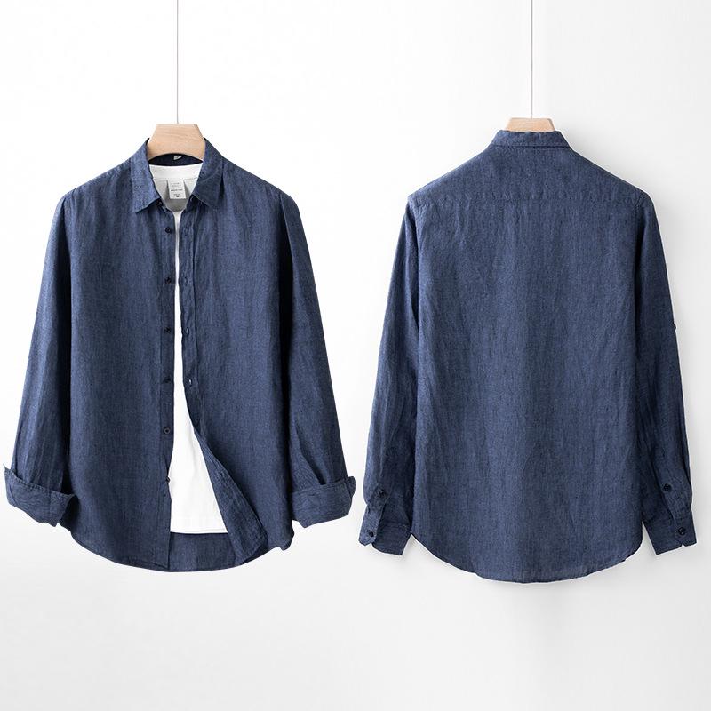 

Мужская повседневная хлопково-льняная рубашка с длинным рукавом и отложным воротником - Легкая, свободного кроя для весны и осени. S темно-синий