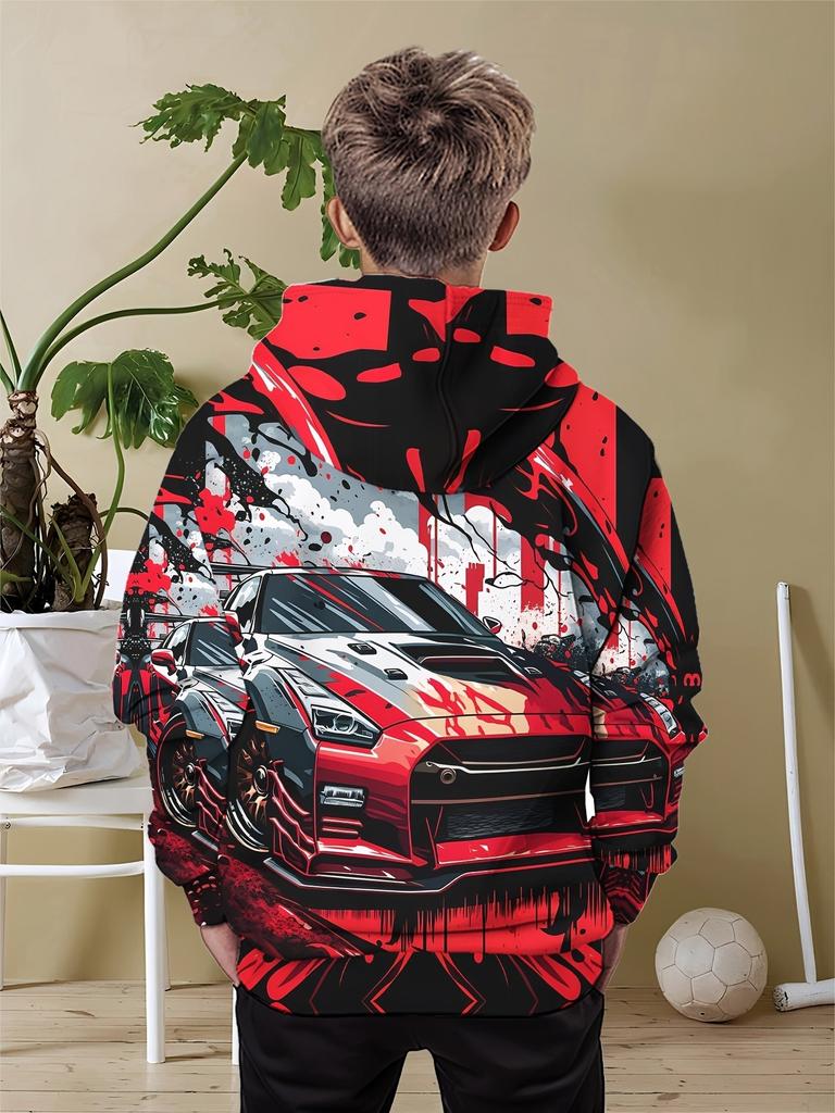 Boys' Casual Hoodie, Cool Car Print - Perfect Choice for Long Sleeves In Spring and Autumn, Loose Fit