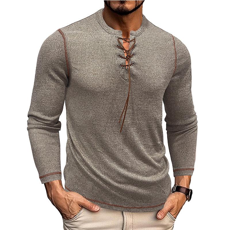 Herr Henley-skjortor med dragsko och lång ärm, basic lättviktiga enfärgade t-shirts, bekväma slim fit t-shirts för män, klassiska bekväma t-shirts med rund hals