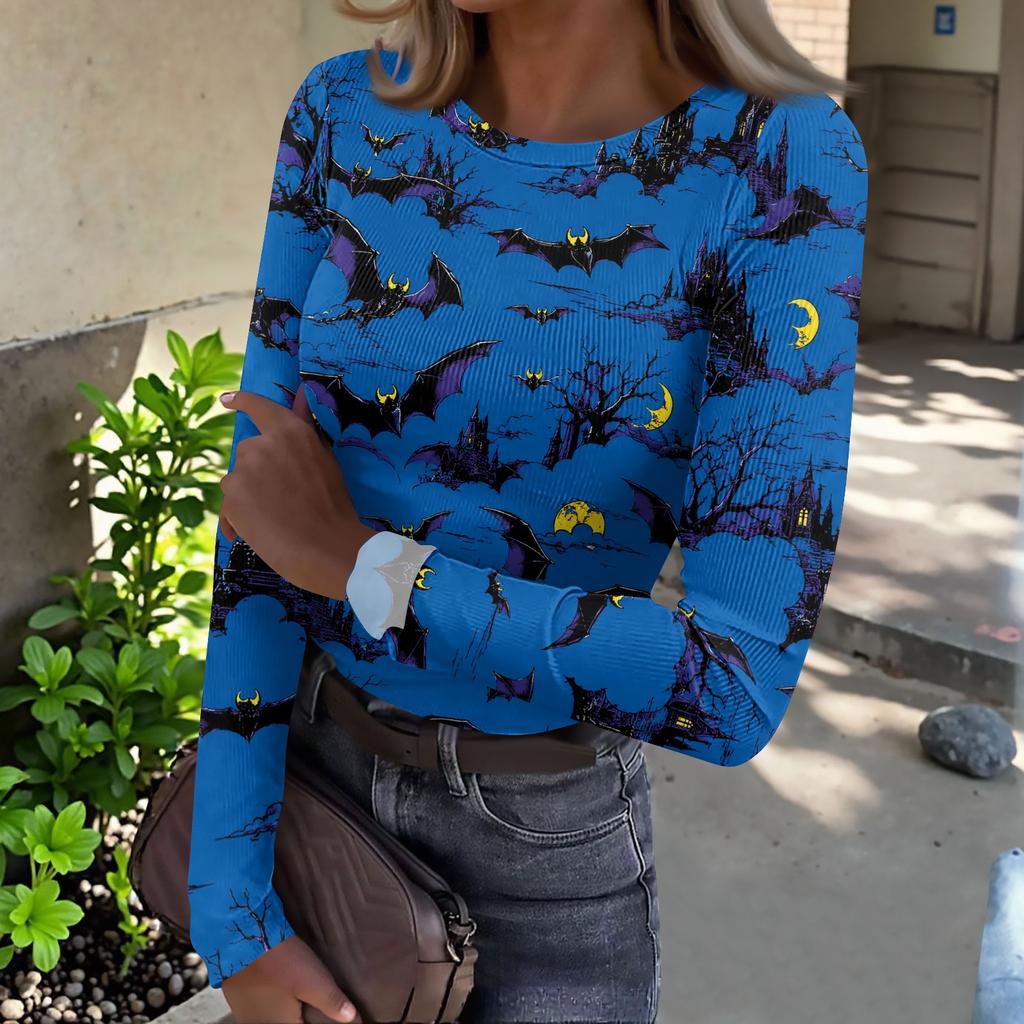 Women Halloween Print Long Sleeve Slim Fit Crew Neck Base Layer T Shirt Casual Stretchy Top for Everyday Wear