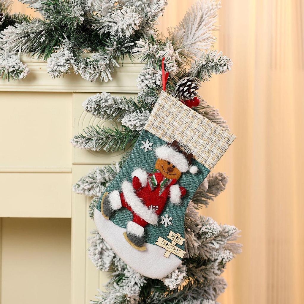 Burlap 3D Cartoon Christmas Stocking Gift & Candy Bag Pendant