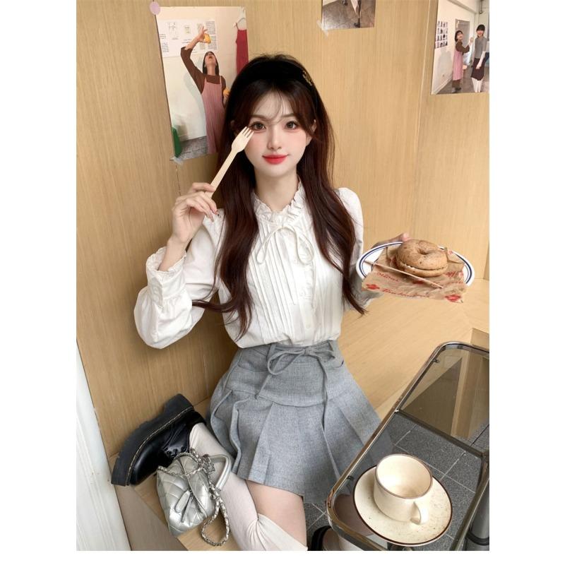 White Embroidered Earrings Lace-up Stand-up Collar Shirt for Women Spring and Autumn Chic French Retro Long-sleeved Inner Top