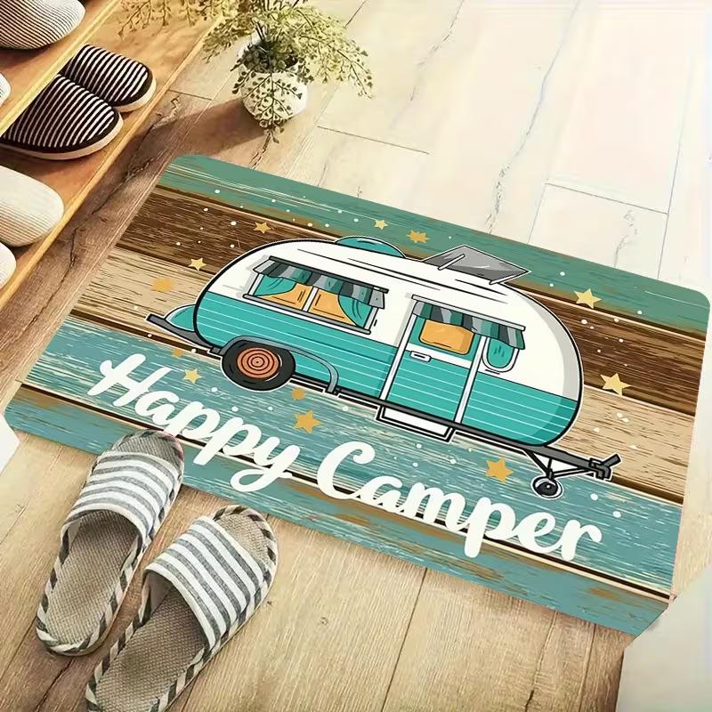 Happy Camper Print Door Mat Non Slip Floor Rug Vintage Wooden Camping Theme Entrance Carpet For Cabin Porch Campsite