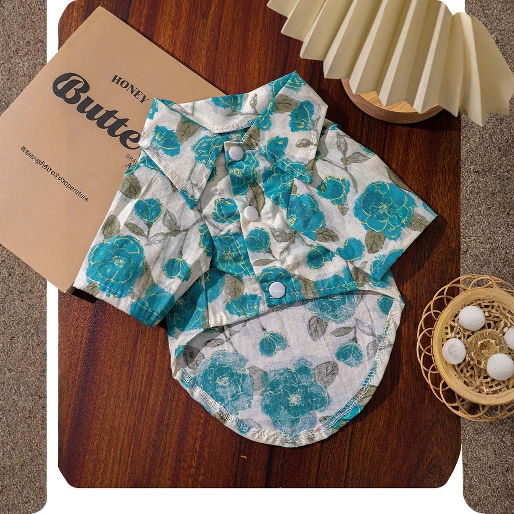 Puppy Costume Floral Print Vaion Shirt Cotton Linen Summer Cute Pet Outfit Multiple Sizes For Small Dog (Blue,Large)