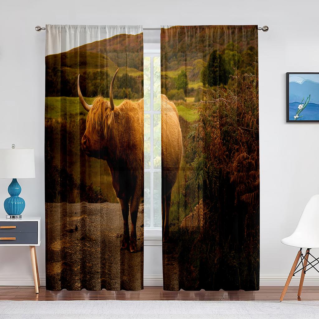 Highland Cow Sheer Voile Curtain Farmhouse Western Cattle Bull Window Tulle Curtains for Living Room Bedroom Kitchen Decoration