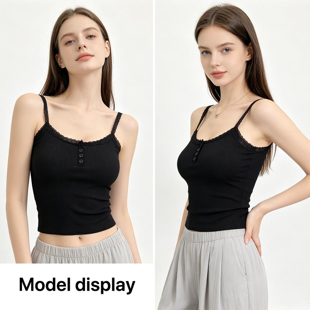 Women's Ribbed Lace Camisole with with Built-in Bra Pads and Buttons,Slim Fit Tank for Women