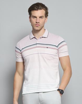 Mens Striped Pink Collar Neck Half Sleeve T-Shirt