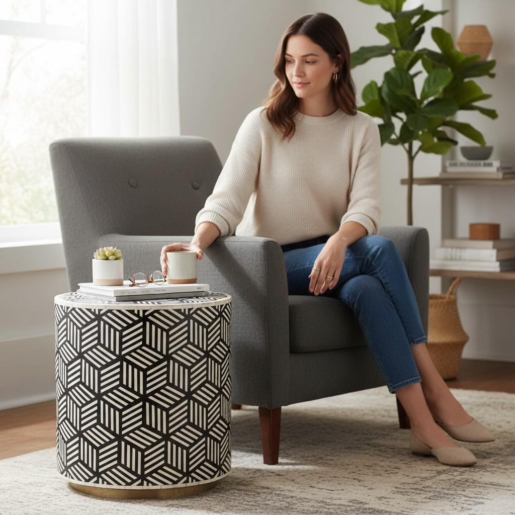 Wood Bone Inlay Drum Side Table, Bone Coffee Table Modern Patterned Cylinder Decor Table | Modern Cube Pattern Side Table | Central Table