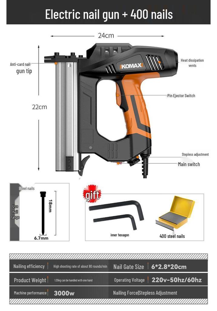 Comax Pneumatic 2-in-1 Electric Nail Gun - Straight & Brad Nailer for Woodworking and Steel Nails.