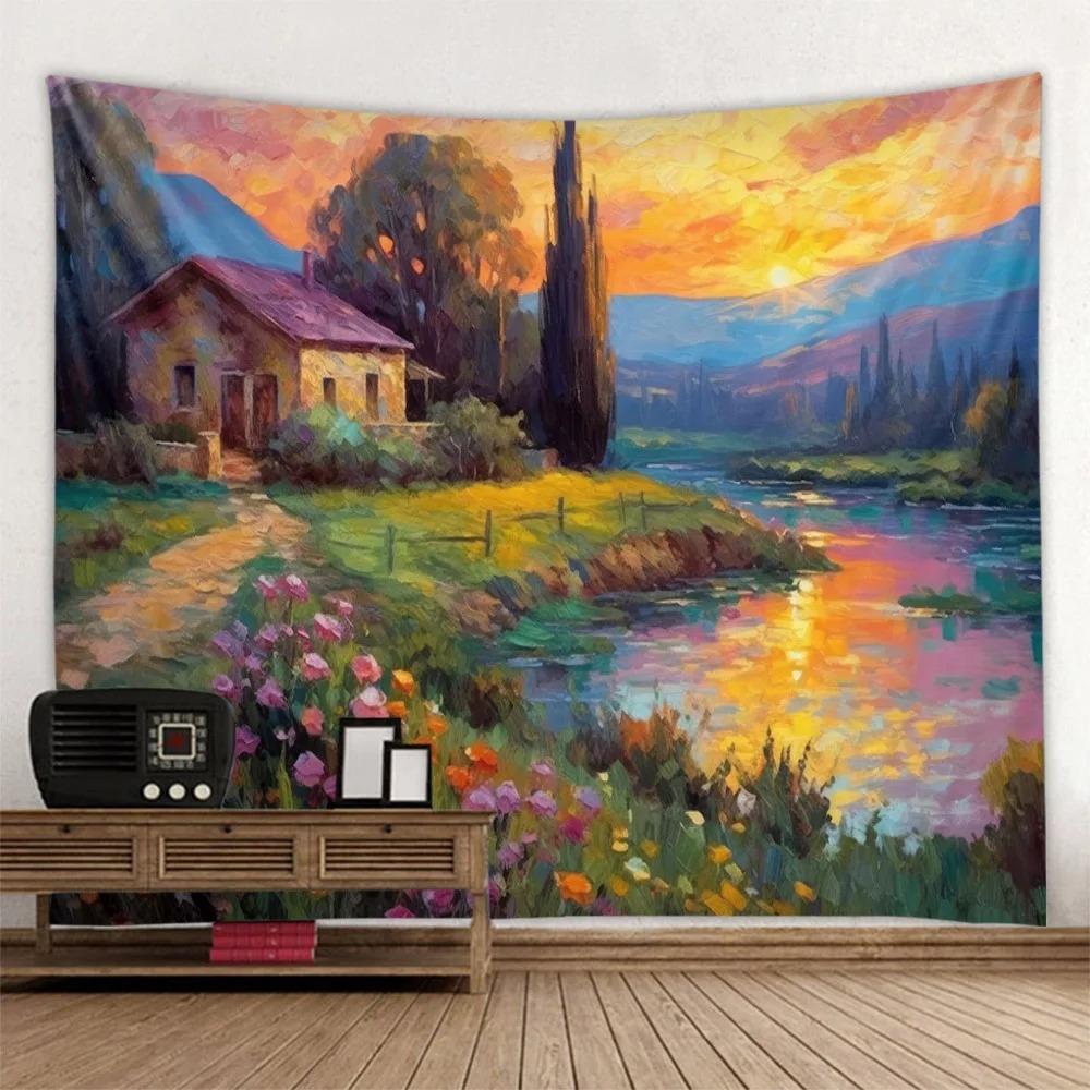 Home Decor Forest Stream Water Wall Hanging Landscape Oil Painting Tapestry Bohemian Art Living Room Bedroom