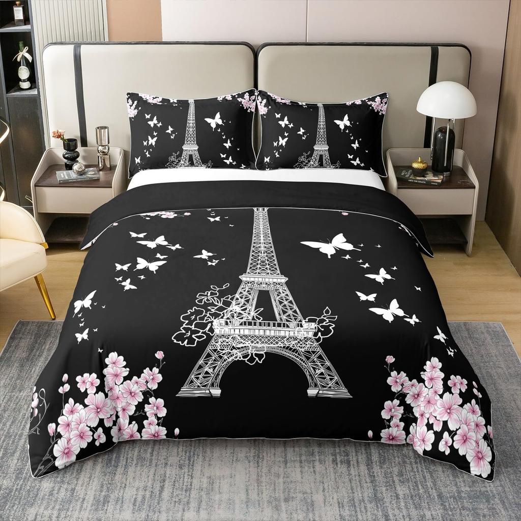 Set Biancheria da Letto Torre Eiffel Matrimoniale per Bambini Ragazze Donne Stampa Floreale Europea 3D Copripiumino Vintage Tematica Coppie Copripiumino