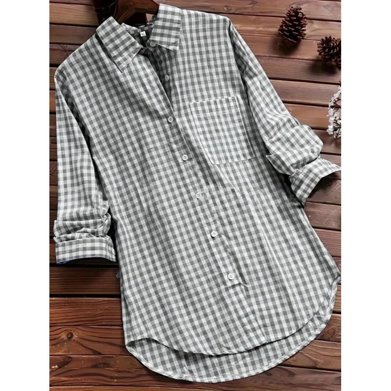Spring and Autumn Women's Loose Plaid Lapel Long-sleeved Retro Pocket Shirt