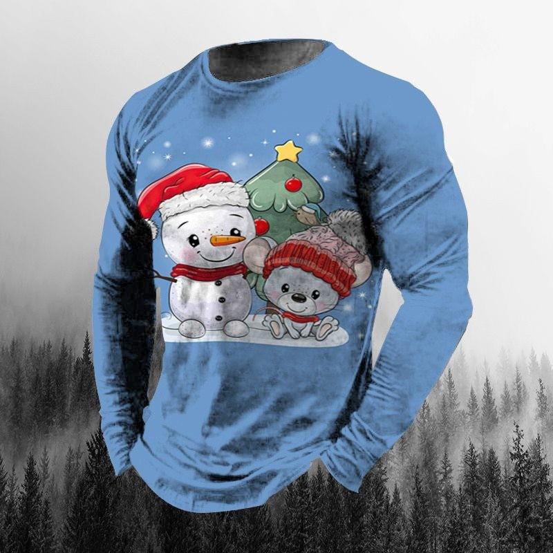 Round Neck 3D Christmas Printed Top Casual Long Sleeved Men's T-shirts - Soft Medium Stretch Polyester Fabric Spring and Autumn Relaxed Fit Clothing
