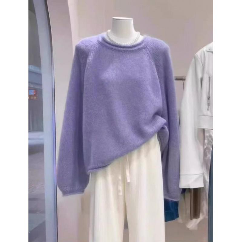 Women's Casual Round Neck Wool Knit Sweater - Autumn/Winter Solid Color Long Sleeve Base Layer