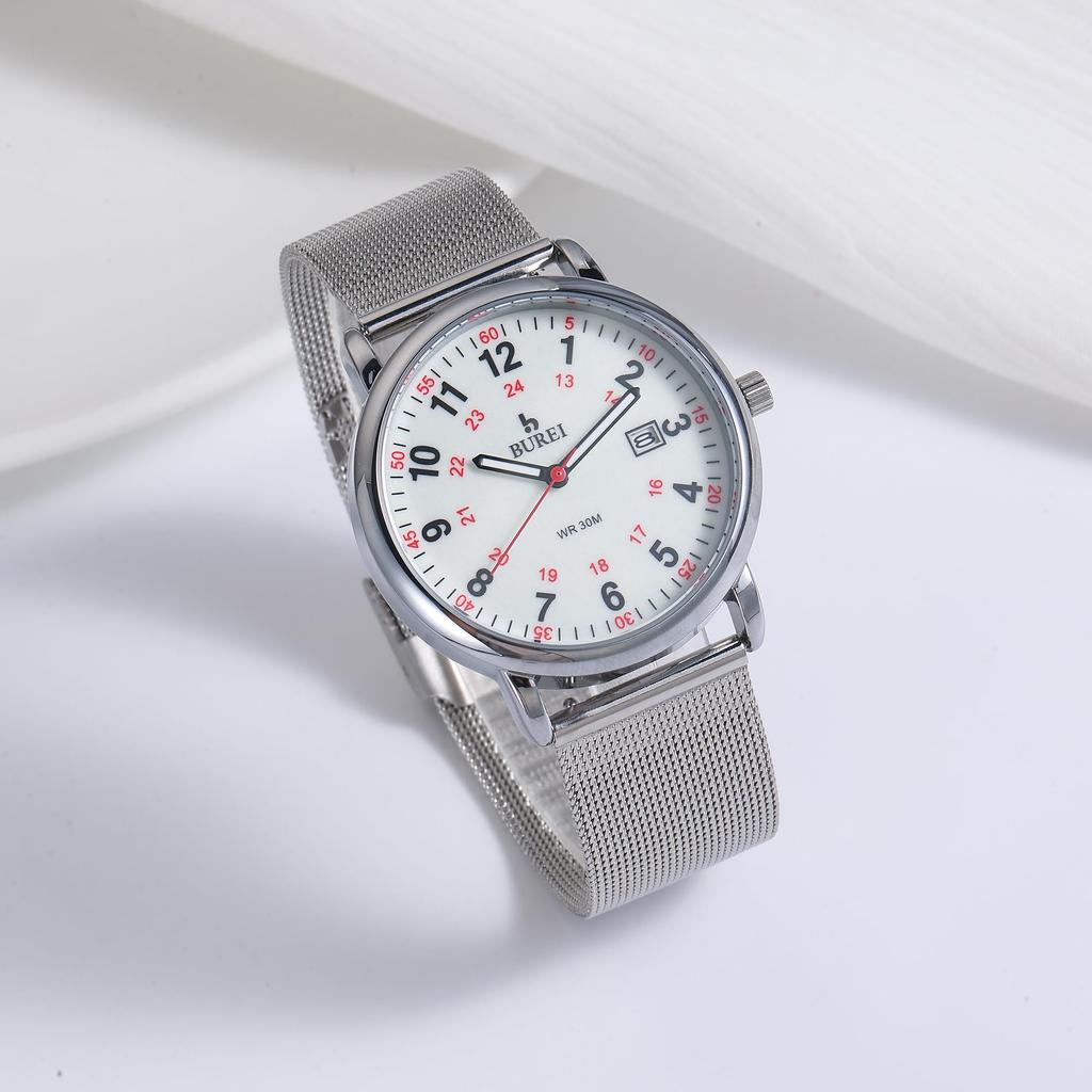 BUREI Analog Quartz Date Luminous Silver Stainless Steel Simple and Perfect for or Any Perfect Gift Women's Watch, Waterproof, 24-Hour Display,