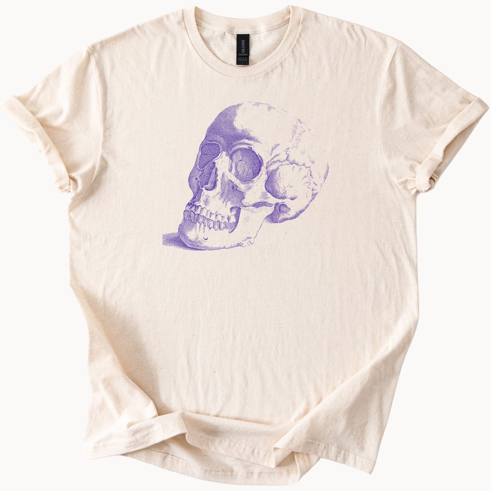 Purple Skull Graphic T Shirt Anatomical Human Skull Drawing Tee Goth Art Skeleton Aesthetic Shirt Halloween Creepy Skull Top 140