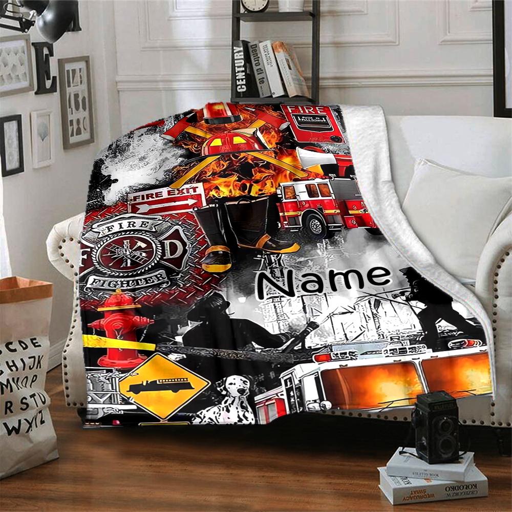 Custom Name fire truck Theme Printed Blanket - Perfect for Couch, Bed, Travel & Outdoor Use | Machine Washable, Cozy & Durable.
