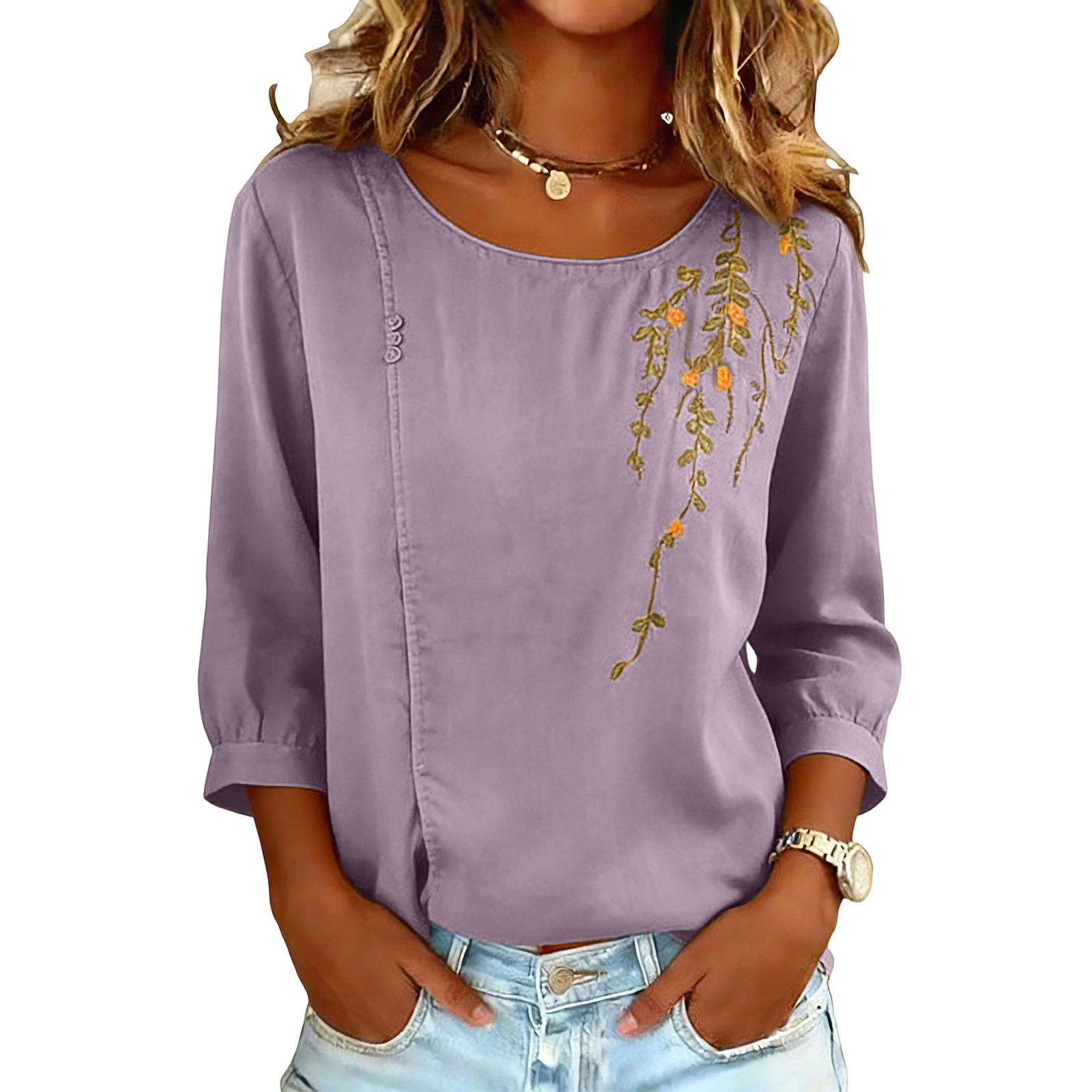 

Women s Color Casual Loose V-neck Long Sleeved Split Cotton And Linen Top L фиолетовый