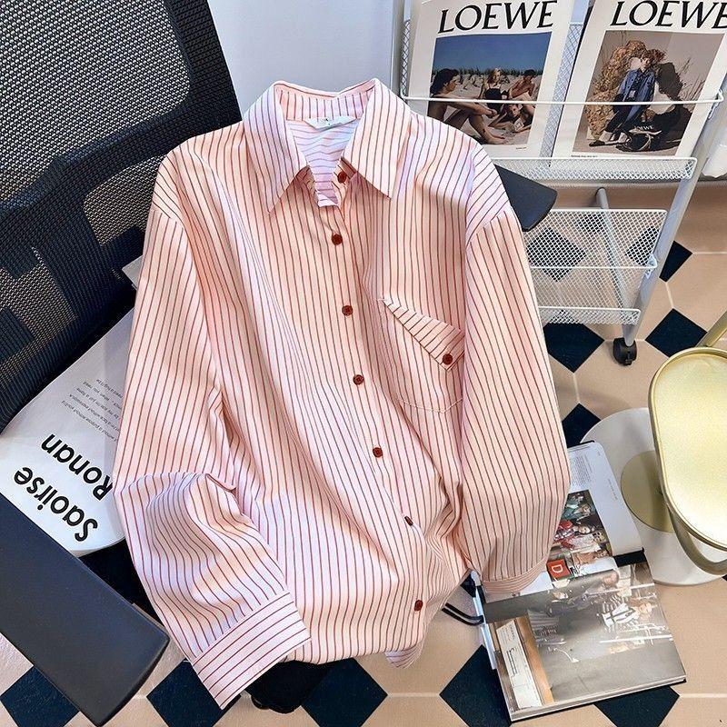 Pink Striped Women's Shirt French Style Loose Flip Collar Single Breasted Pocket Blouse Casual Fashionable Famale Long Sleeved Top