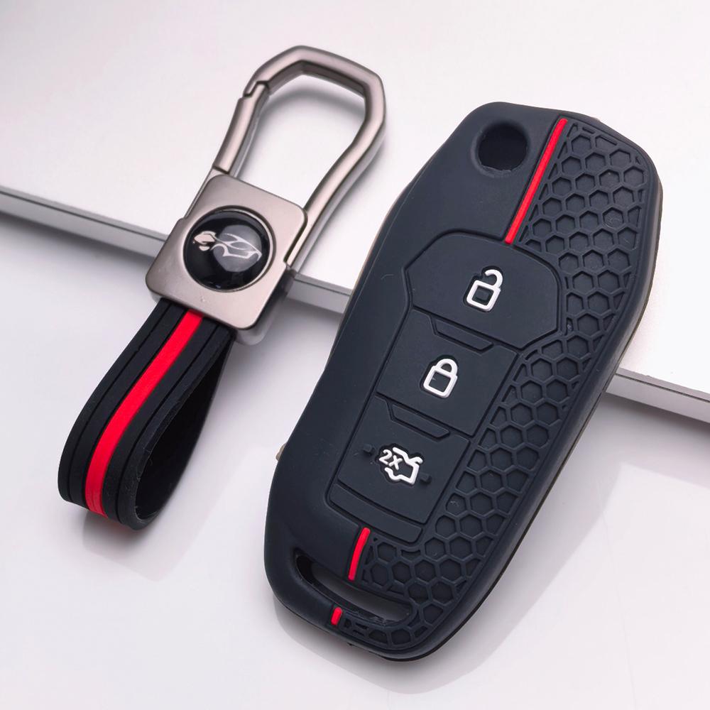 Silikon-Schlüsselhülle Schlüsselanhänger für Ford 3-Tasten Klappschlüssel, Passend für Ford Focus Mondeo Fiesta Ranger Escape Transit Tourneo Everest, Stoßfester Schlüsselanhänger-Halter