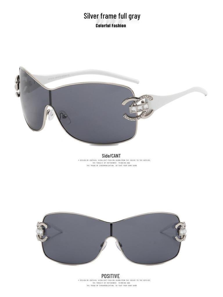 2022 Women's Frameless Rhinestone Fashion Sunglasses, One-Piece Large Frame Design