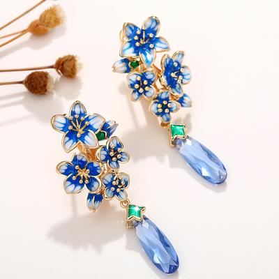 Huitan Handmade Enamel Flower Earrings for Women Temperament Exquisite Blue Floral Earrings Girls Gift Fashion Ladies
