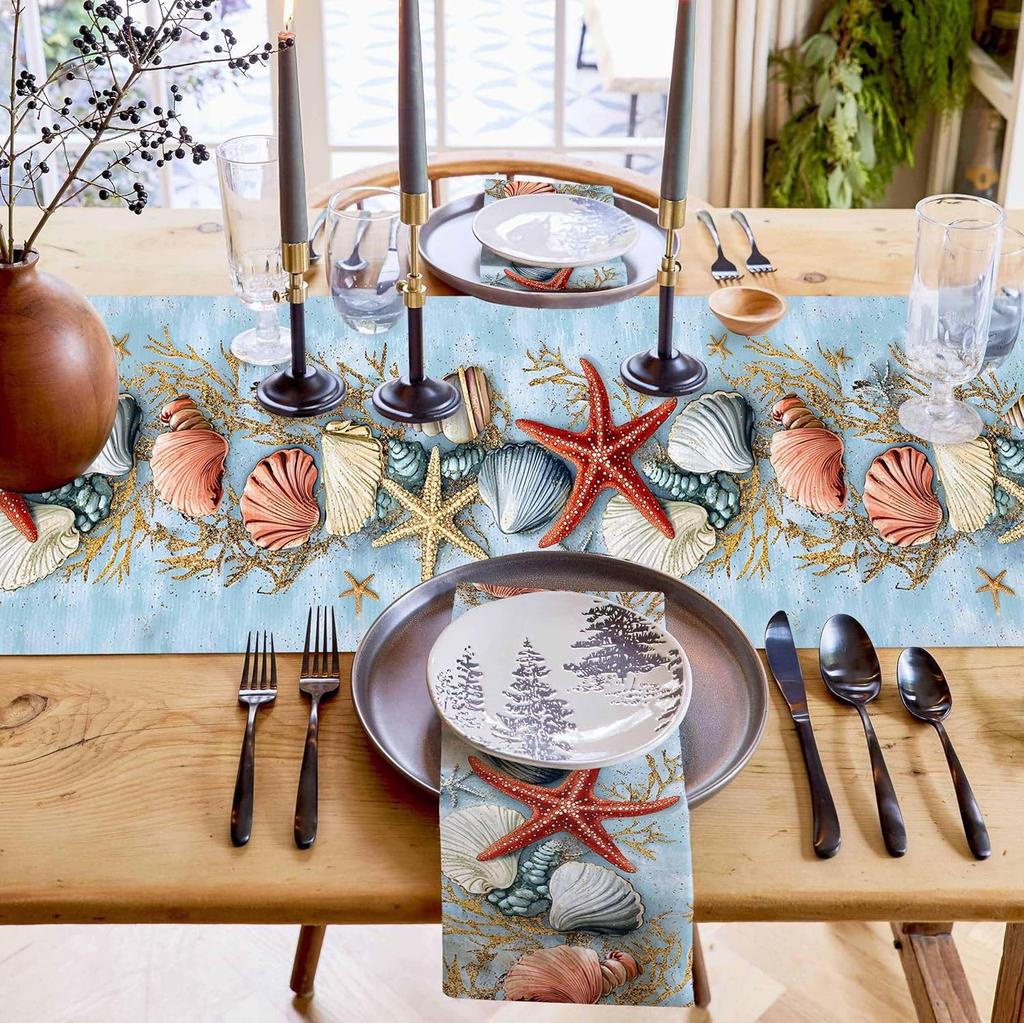 Summer Starfish Shell Coral Linen Table Runner Dresser Scarf Decor Washable Kitchen Dining Table Runner Holiday Party Decor