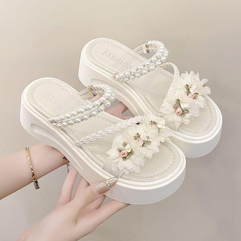 

Sweet summer out slippers flowers with skirt sandals two slippers new pearl slippers 40 белый