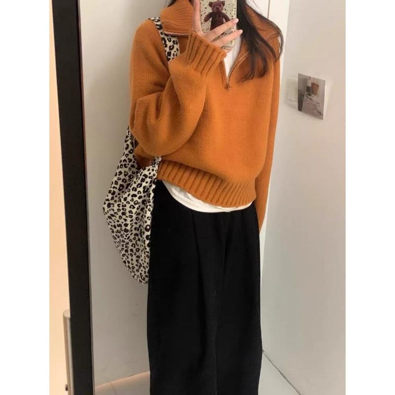 YYFS Damska moda swobodna jesień zima jednolity kolor nadruk długi rękaw POLO swetry