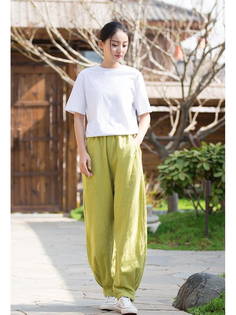 2025 Spring & Summer Loose Fit Ramie-Cotton Women's Yoga Pants - Sand-Washed Casual Bloomers