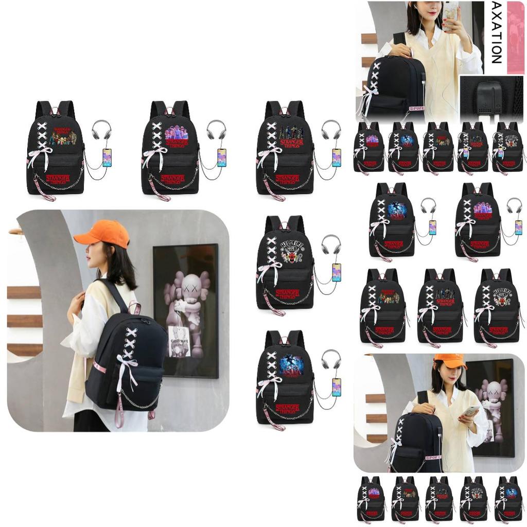 Stilvoller Stranger Things Rucksack mit USB-Ladeanschluss 20-35l Fassungsvermögen Oxford-Stoffmaterial
