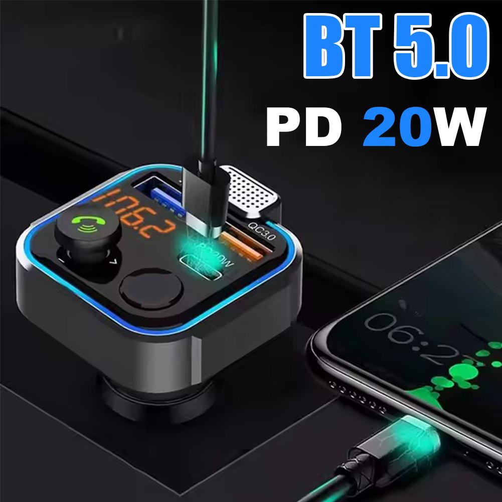 Bluetooth 5.0 FM Transmitter Cigarette Lighter Radio Music Adapter Charger Supports Hands-Free Siri Assistant For Car