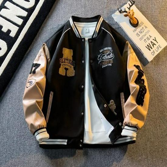 Herren Trendy Bestickte PU-Leder Patchwork Baseballjacke - Cooler High Street Pilot Stil für Frühling und Herbst