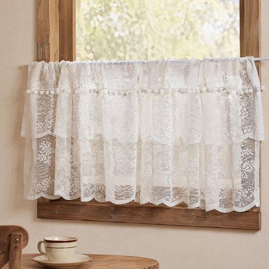 White Lace Window Valance, Sheer Vintage Floral Lace Short Curtain, Light Filtering Valance Curtain with Rod Pocket for Basement Kitchen Window