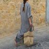Vintage Stripe Print V-Neck Long Sleeve Women Loose Cotton Linen Maxi Dress