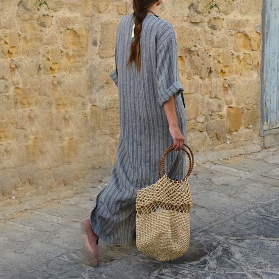 Vintage Stripe Print V-Neck Long Sleeve Women Loose Cotton Linen Maxi Dress