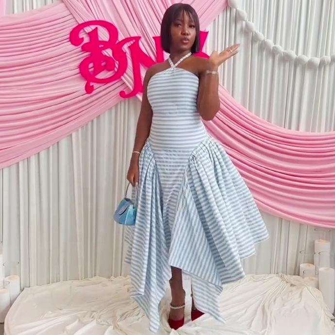 African Women's Sleeveless Neck Fashion Striped Dress Women's Waist Temperament European and American Foreign Style New Big Swing Dress